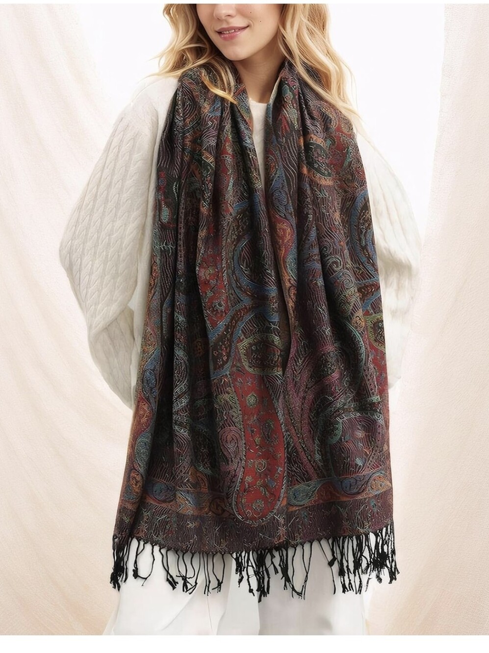 PASHMINA BRAND Black Paisley Fringe Scarf